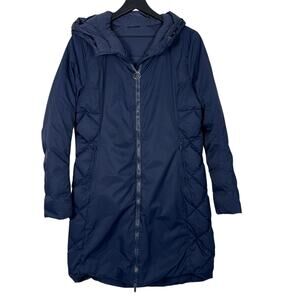 Lululemon Long Puffer Jacket Navy Blue Hooded Coat Small (See Measurements)